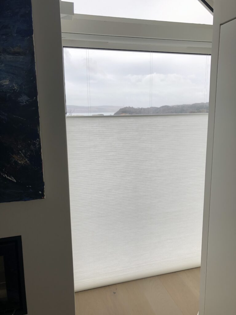 Bottom-up, translucent Luxaflex Duette blind - Providing privacy and a view fitted by The Scottish Shutter Company