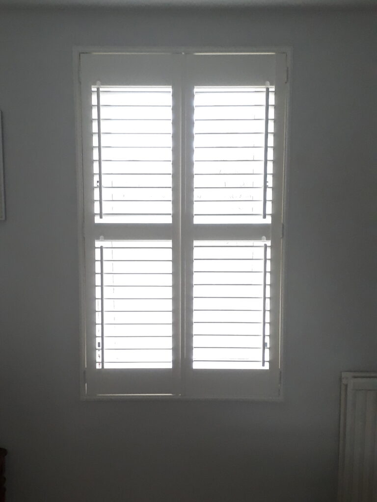 Full Height White Window Shutters with Offset Tilt Rods