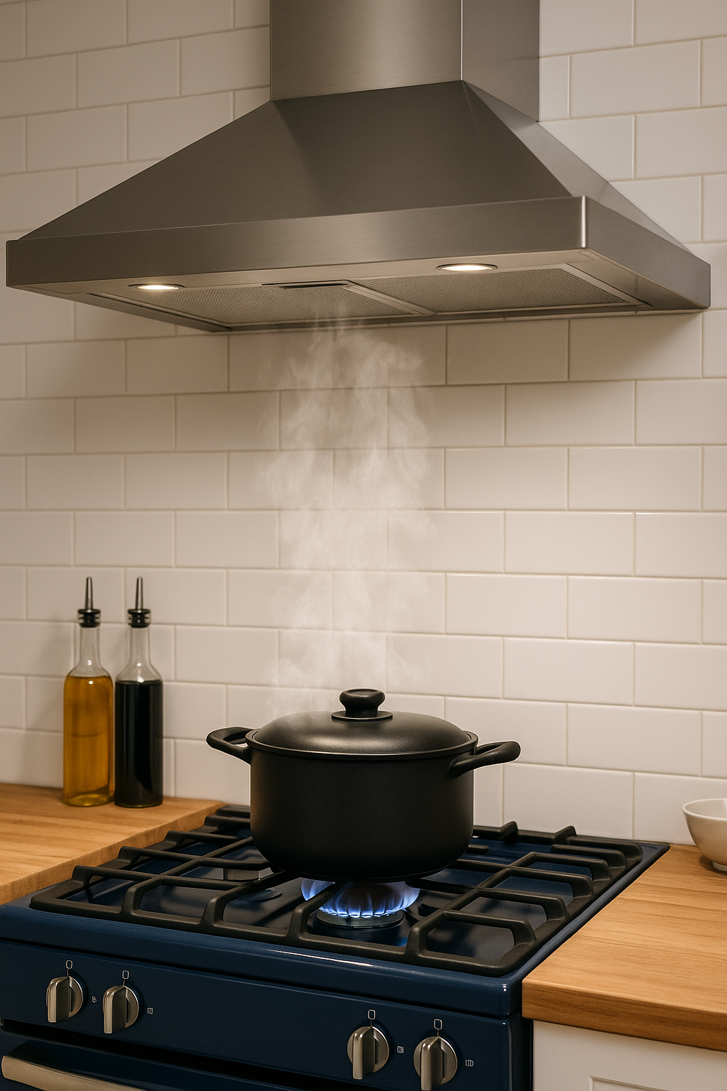 Condensation in Winter: Causes & Fixes for Scottish Homes 3 Cooker hood running with lids on pans to reduce moisture.