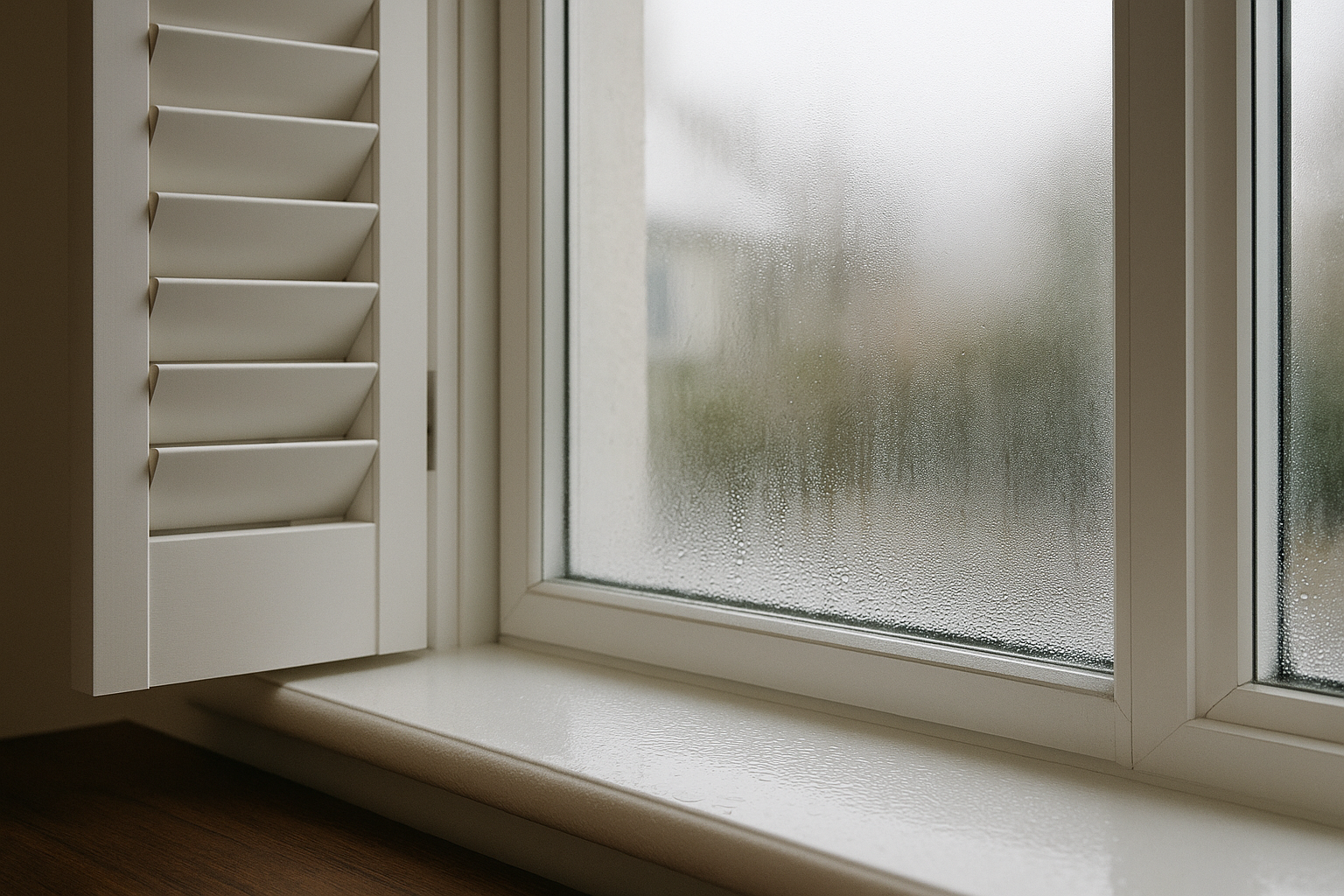 Condensation in Winter: Causes & Fixes for Scottish Homes 1 Winter condensation along the lower edge of a window with louvred shutters slightly open.